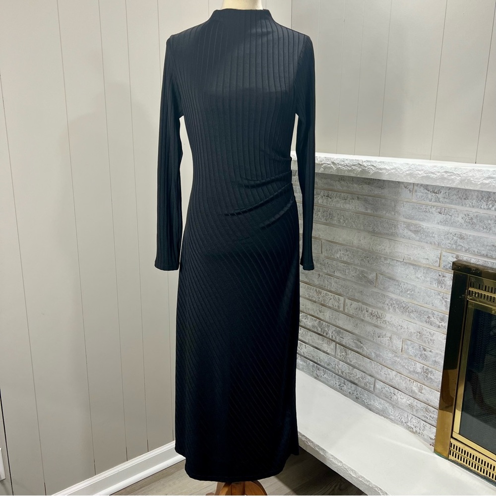 Good American Shine Rib Funnel Neck Ruching Black Witchy Goth Midi Dress L